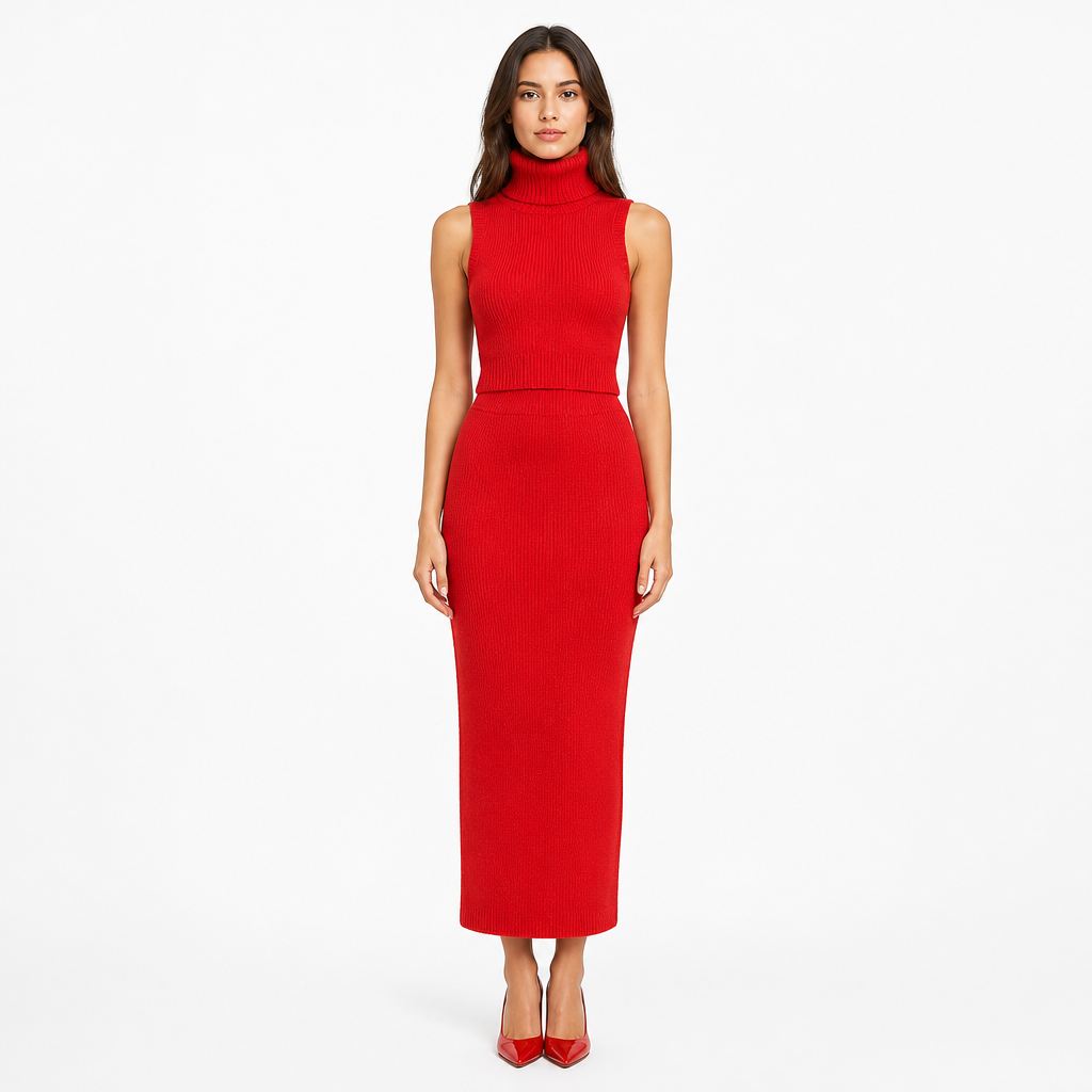 Red women's two-piece matching set, product view