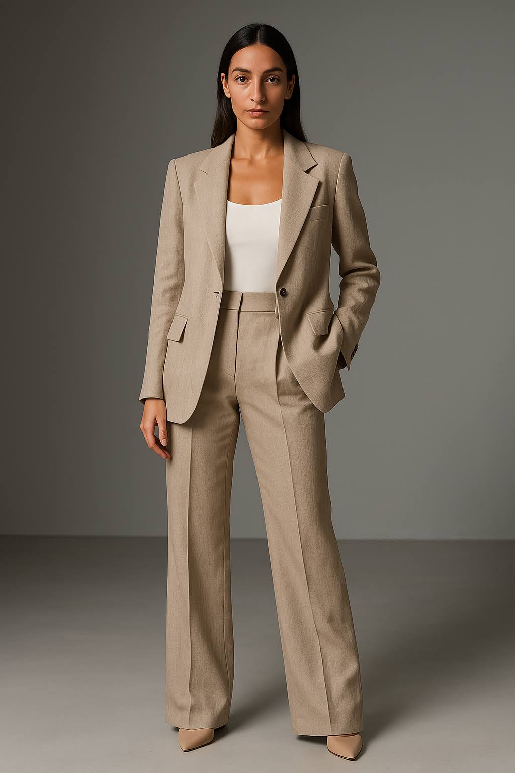 Beige women's two-piece matching set, alternate product view