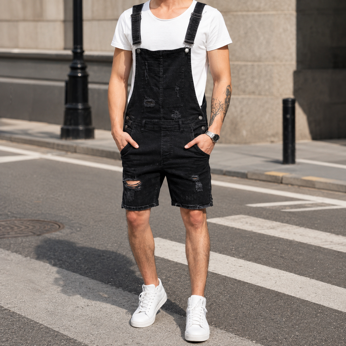 Caleb Distressed Denim Overalls