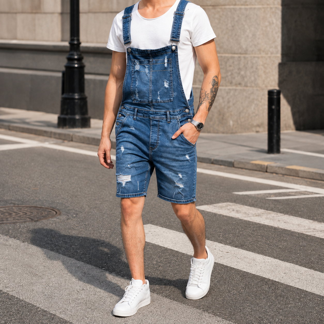 Caleb Distressed Denim Overalls