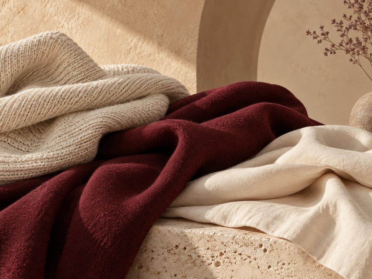 Editorial composition of burgundy and ivory textiles