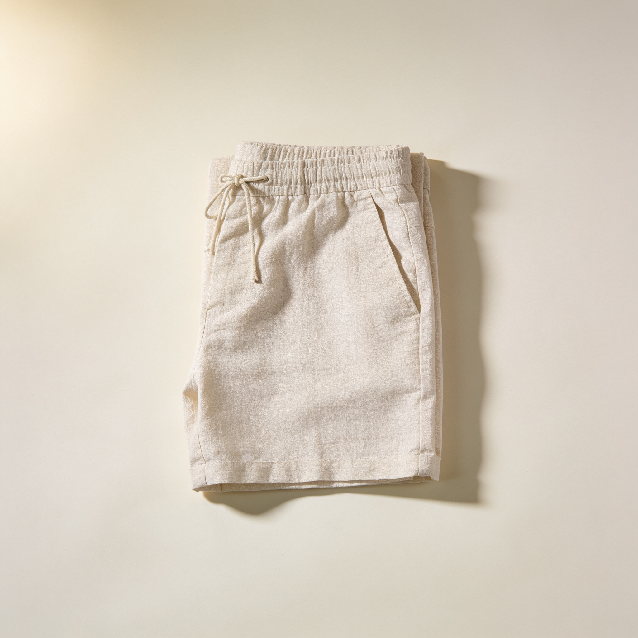 Men's Beige Linen Drawstring Shorts top view