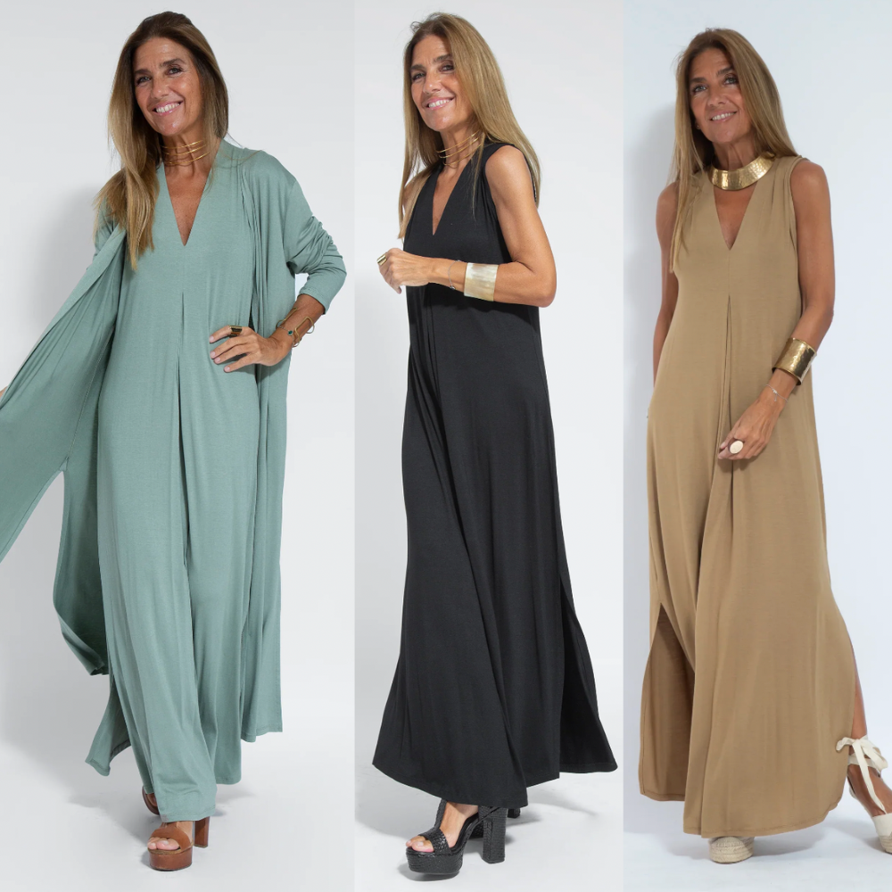 Turquoise dress + black vest women's two-piece matching set, product view