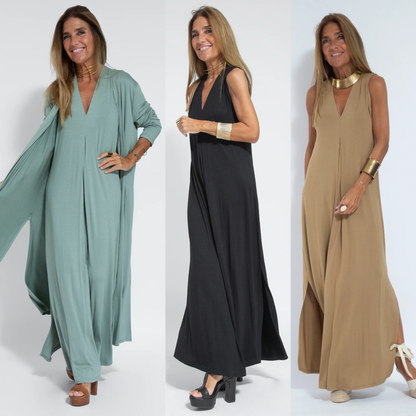 Turquoise dress + black vest women's two-piece matching set, product view