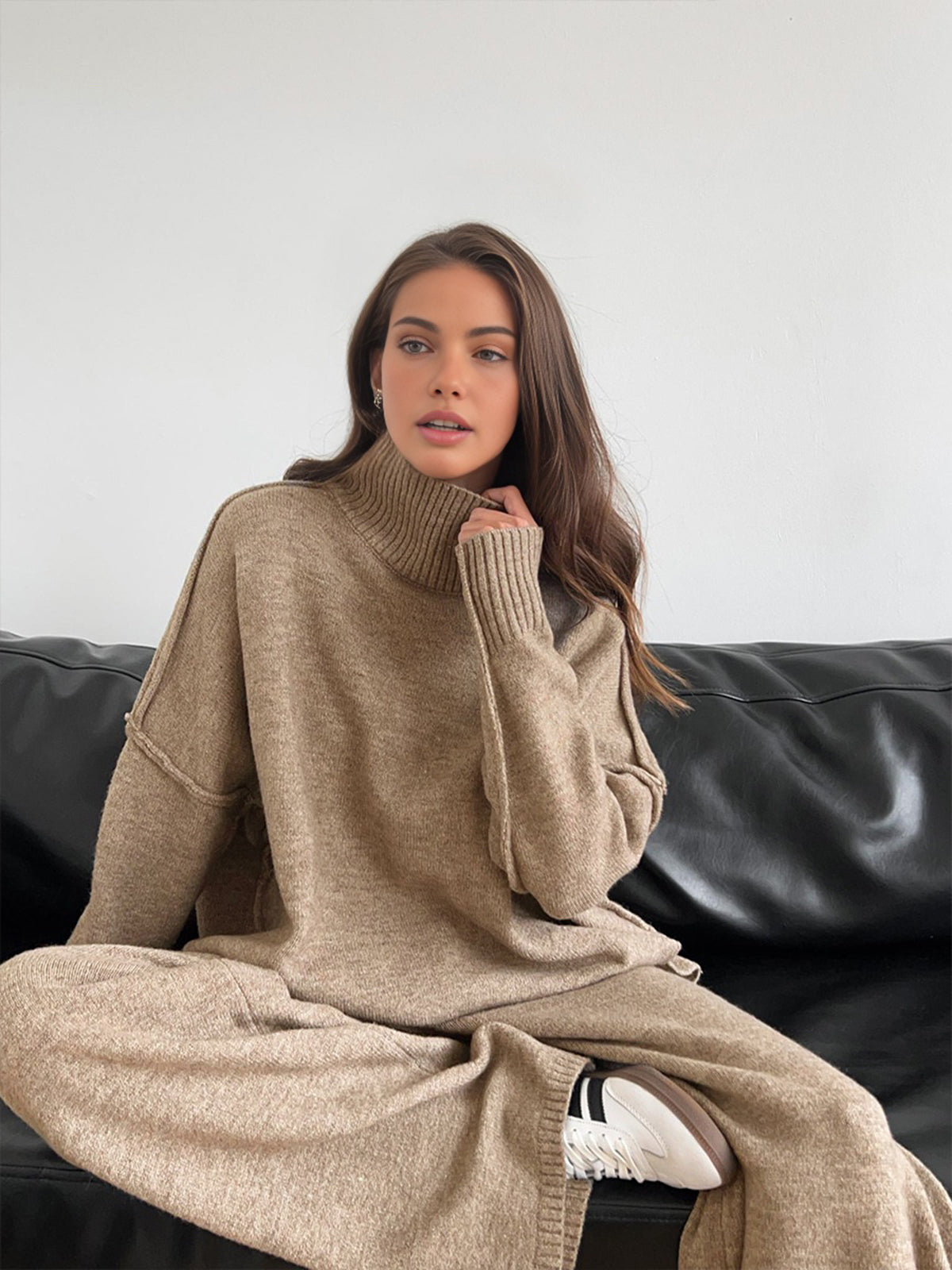 Beige women's two-piece matching set, product view