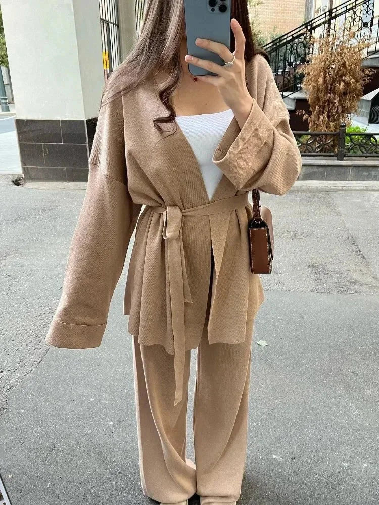 Light brown women's two-piece matching set, product view