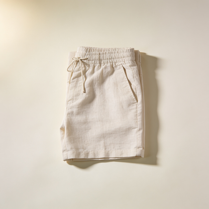 Men's Beige Linen Drawstring Shorts top view