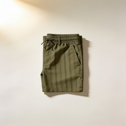 Men's Army Green Striped Swim Shorts top view